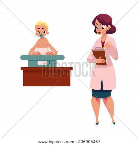 Young woman doctor, pediatrician measuring weight of little baby, cartoon vector illustration isolated on white background. Cartoon woman doctor, pediatrician and infant sitting on baby scale