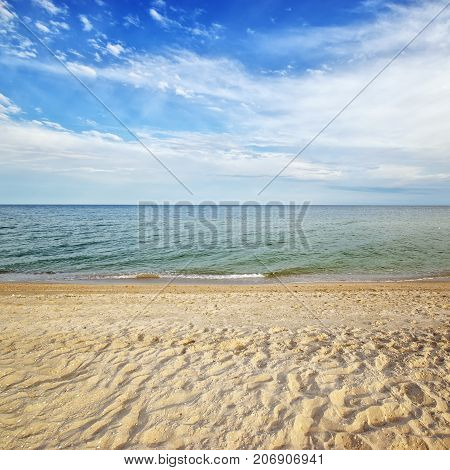 Sea Seascape Tropical Beach With Sunny Sky. Summer Paradise Beach Of Azov