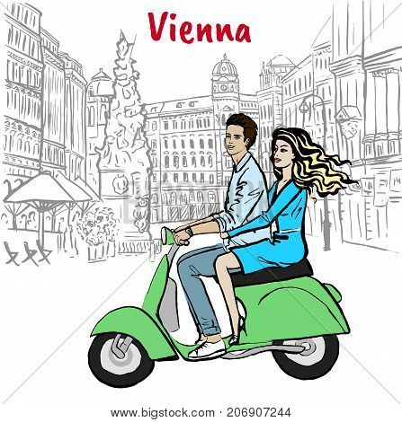 Couple driving scooter in Vienna, Austria. Hand-drawn illustration. Fashion sketch