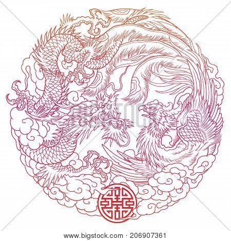 traditional oriental dragon and phoenix vector illustration