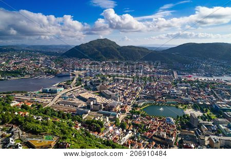 Bergen is a city and municipality in Hordaland on the west coast of Norway. Bergen is the second-largest city in Norway. The view from the height of bird flight. Aerial FPV drone photography.