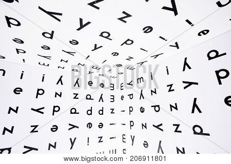 Many english letters inside room of library or school with alphabet symbols on wall and ceiling. Concept of knowledge and education.
