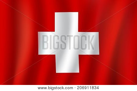 Switzerland flag 3D symbol of white cross on red background. Swiss republic country official national flag waving with curved fabric or waves vector texture