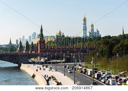 Moscow, Russia - September 23. 2017. a view of the Moskvoretskaya embankment and the Kremlin
