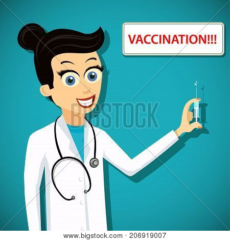 Doctor woman holding a syringe with an injection. Prevention of viral diseases. Medical vaccination. Stock vector illustration.