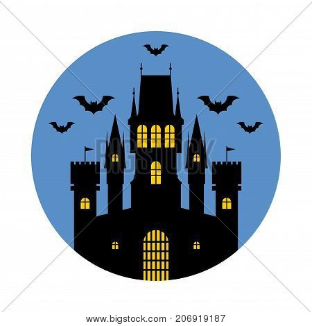 Halloween, silhouette of a fairytale castle. Vector illustration on blue background