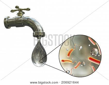 Safety of drinking water concept, 3D illustration showing tap with dirty water and close-up view of water-borne microbes