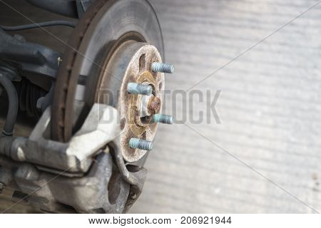Detail of disc brake system of a car without the wheel to recap the tire.