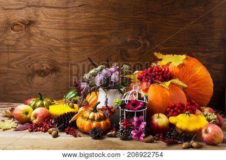 Thanksgiving Arrangement With Birdcage Decorated Cones And Pink Flower, Copy Space