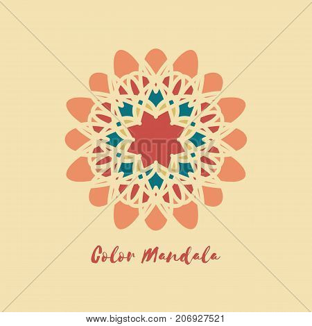 Ornamental color card with mandala. Mosaic geometric decorative element. Vector background