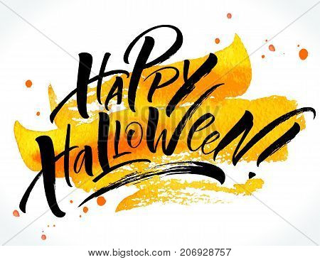 Happy Halloween ink lettering on watercolor background. Modern calligraphy, vector illustration. Template for posters, banners, web design or photo overlays.