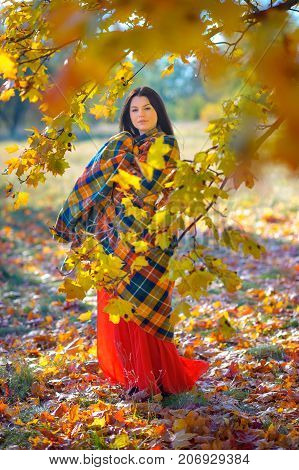 beautiful girl waiting for the child's birth having taken cover plety costs near a tree with brightly yellow foliage gently smiles. Happy motherhood