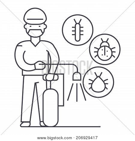worker, bug destroyer vector line icon, sign, illustration on white background, editable strokes