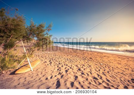 Surf board on the tropical sandy beach of Ligres, Crete, Greece, with big waves.