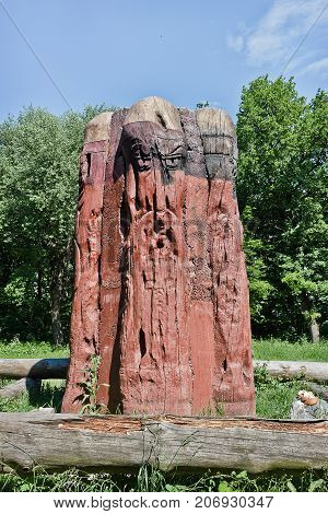 Wooden idol of the Slavic god Perun in Kiev Ukraine