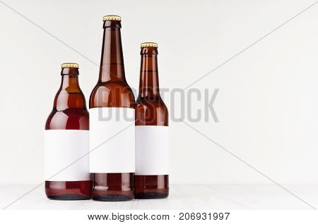 Brown beer bottles collection different type with blank white label on white wooden board mock up. Template for advertising design branding identity.