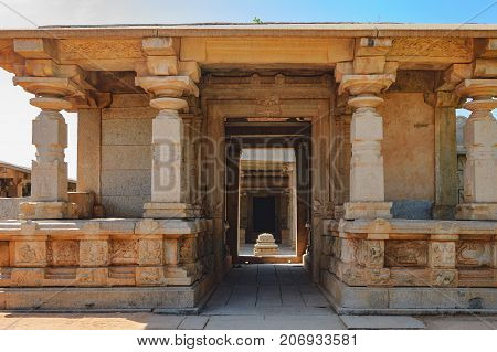 Hazara Rama Temple in Hampi, Karnataka, India. The temple is famous for the lovely bas relics and panels depicting the story of the epic Ramayana.