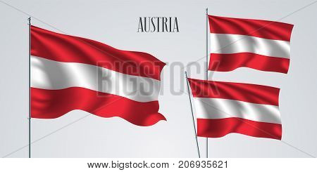 Austria waving flag set of vector illustration. Red white stripes of Austrian wavy realistic flag as a patriotic symbol
