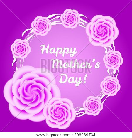 Vector gift card design template for mothers day and woman day with pink roses. Psatel pink and purple elegant flower illustration for poster and cover.