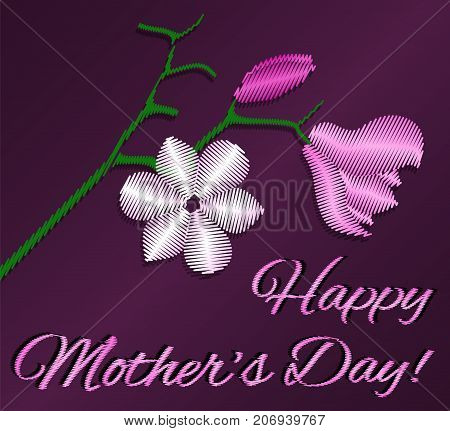 vector embroidery imitation magnolia flover greeting card for mothers day and spring. Pink blossom on a branch.