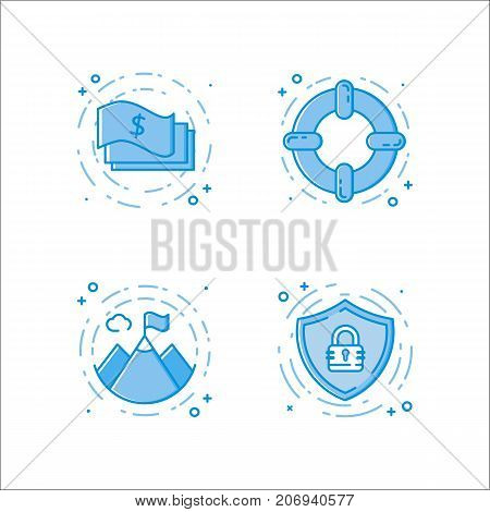 Vector business illustration set of flat bold line icons with cash or money, lifebuoy, mountains, shield and secure lock. Graphic design concept of e-commerce wrb site. Blue outline isolated object.