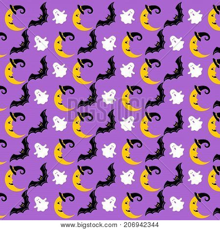 Pattern with the moon, Ghost, bat. Halloween. Vector illustration on a lilac background