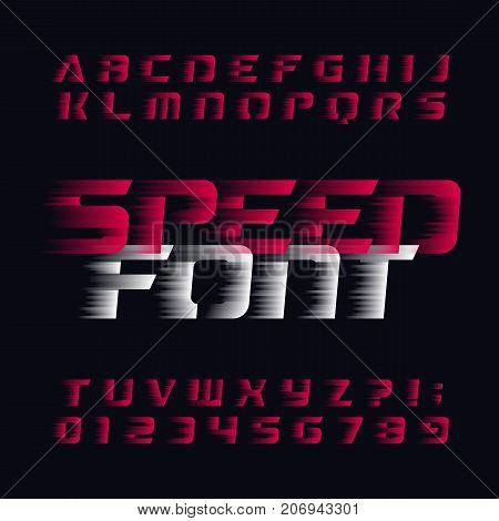 Speed alphabet vector font. Wind effect type letters and numbers on a dark background. Stock vector typeface for your headers or any typography design.
