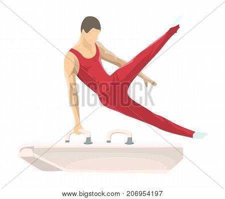 Gymnastics with horse. Athletes in uniform on white background.