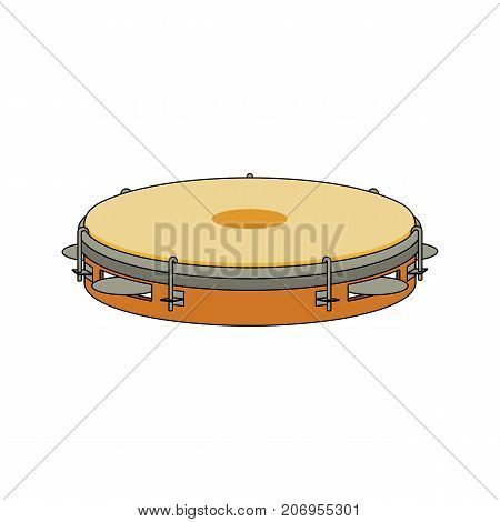 Isolated colorful decorative ornate tambourine pandeiro on white background. Colored brazilian musical instrument for bateria of capoeira. Side view