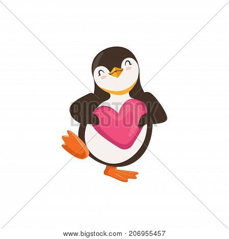 The image shows a happy penguin who is holding a pink heart and is dancing. It closed its eyes.