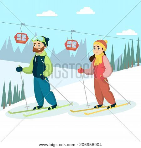 Skiers couple in snowy mountains. Winter sport activities.