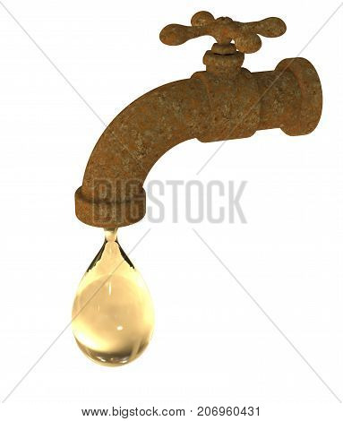 Safety of drinking water concept, 3D illustration showing old tap with water