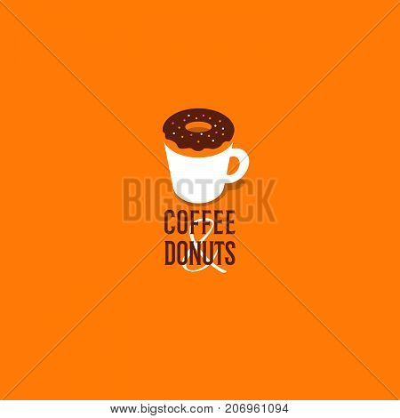 Coffee and donut. Cafe emblem. Cup and donut on a yellow background.