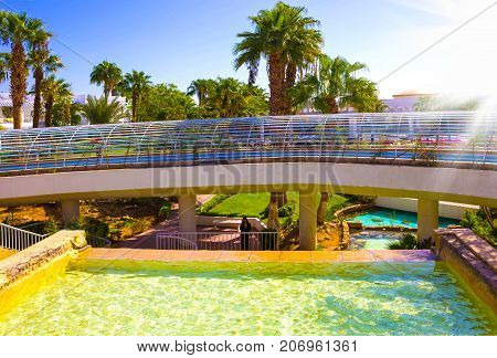 Sharm El Sheikh, Egypt - September 26, 2017: The pool lazy river at Hotel Monter Carlo Sharm Resort and SPA at Sharm El Sheikh, Egypt on September 26, 2017