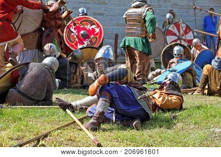 Staraya Ladoga Russia - July 17 2016: Festival The first capital of Russia devoted to the birth of the Russian state in 862. Re-enactment of a medieval battle.