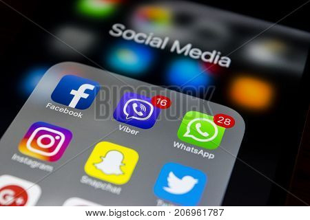 Sankt-Petersburg Russia October 2 2017: iphone 7s plus with icons of social media on screen. Smartphone life style smartphone. Starting social media app.