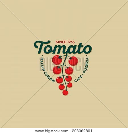 Tomato logo. Italian cuisine restaurant logo. Pizzeria or cafe emblem. Letters and cherry tomatoes. Identity.