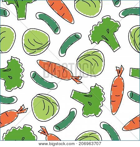 Seamless pattern as a drawing of vegetables. Vegetarian background. Carrots, cabbage, broccoli and pods on a white background.