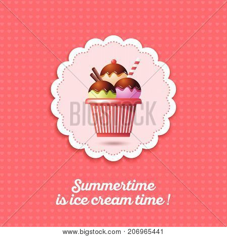 Ice cream illustration. Three scoops of different ice cream with chocolate and vanilla straws in a cup.