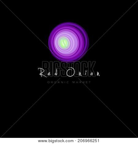 Red onion icon. Organic Market logo. Vegetarian restaurant emblem. Red onion and letters on a dark background.