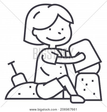 boy playing with sand on beach or sandbox, scapula and bucket vector line icon, sign, illustration on white background, editable strokes