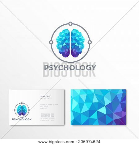 Identity. Business card and pattern. Psychology logo. Crystal brain emblem. Origami icon.