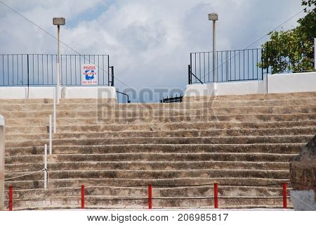 MAJORCA, SPAIN - SEPTEMBER 8, 2017: Streetview of the stands of the Plaza de Toros bullring in Alcudia on the Spanish island of Majorca. In 2017 the island passed major restrictions on bull fighting.
