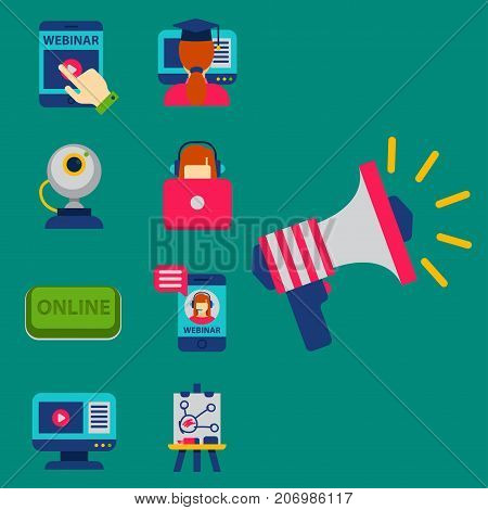 Set of flat design icons for online education video tutorials staff training book store learning research knowledge vector illustration. Internet technology distance profession service web concept.