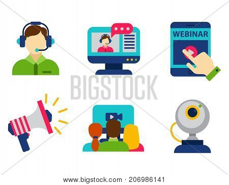 Set of flat design icons for online education video tutorials staff training book store learning research knowledge vector illustration. Internet technology distance profession service web concept.