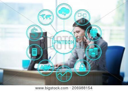 Businesswoman with computer in financial technology fintech conc