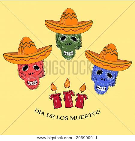 Mexican Dia de los Muertos. Day of the Dead sugar skull with sombrero and candles