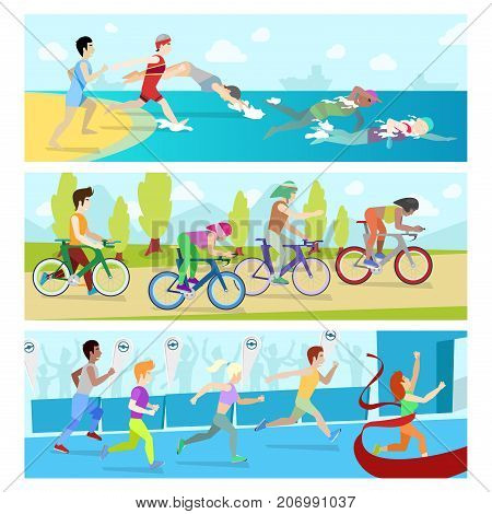 Triathlon sport competition race infographic for marathon vector illustration sportsmen people. Bike, run, swiming