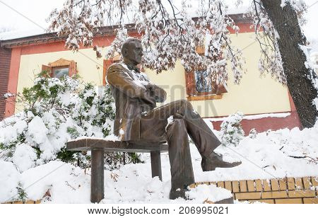 Monument To The Writer Mikhail Bulgakov In Kyiv. Ukraine