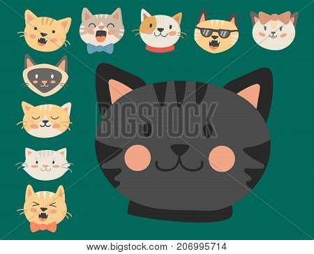 Cats heads vector illustration cute animal funny decorative characters color abstract feline domestic trendy pet drawn. Happy mammal fur adorable breed.